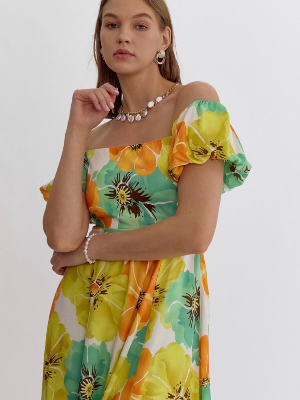 entro Yellow, Teal & Orange Off-Shoulder Maxi Dress - Picture 2 of 7